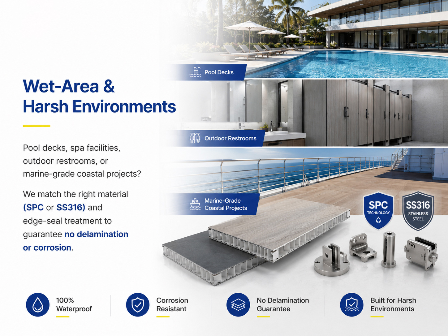 Waterproof corrosion resistant SPC and SS316 materials for wet area coastal and high humidity environment applications